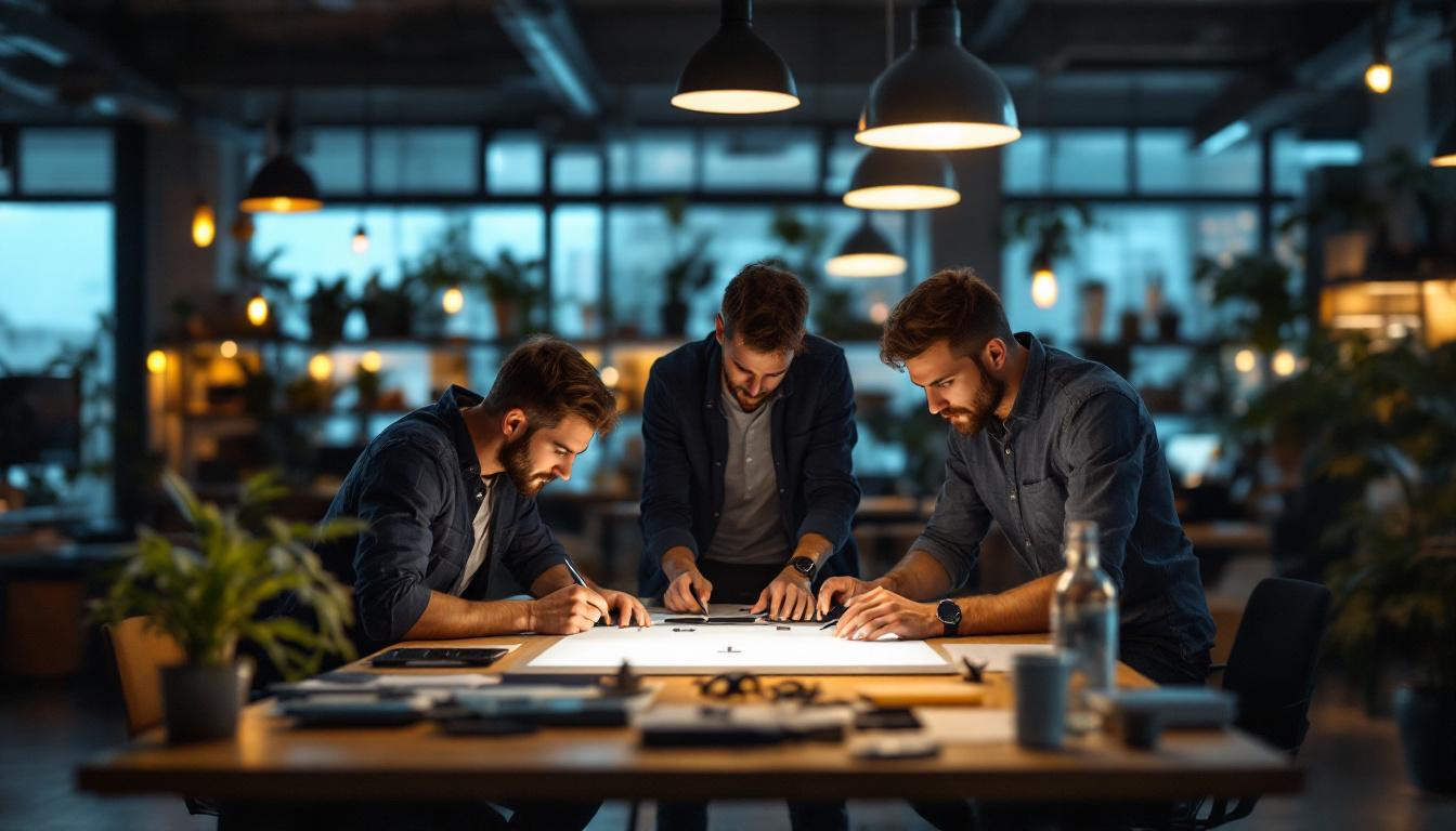 A photograph of a modern workspace where engineers are actively collaborating on a lighting design project