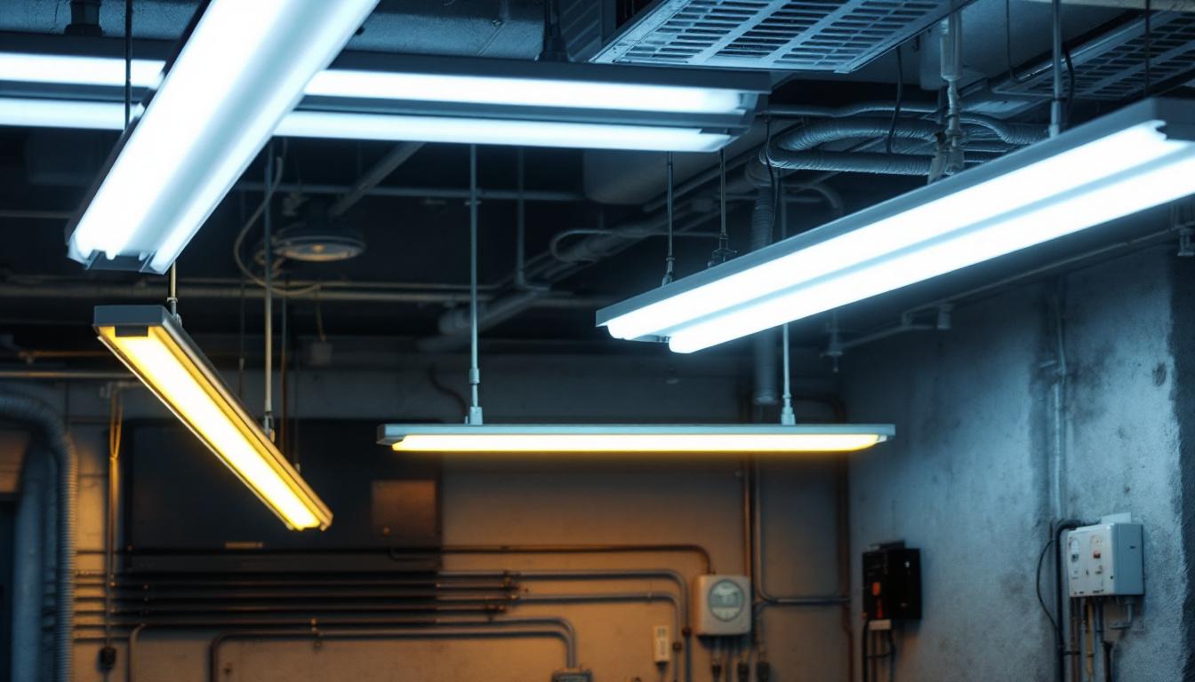 A photograph of capture a photograph of a commercial space featuring various fluorescent light fixtures in use