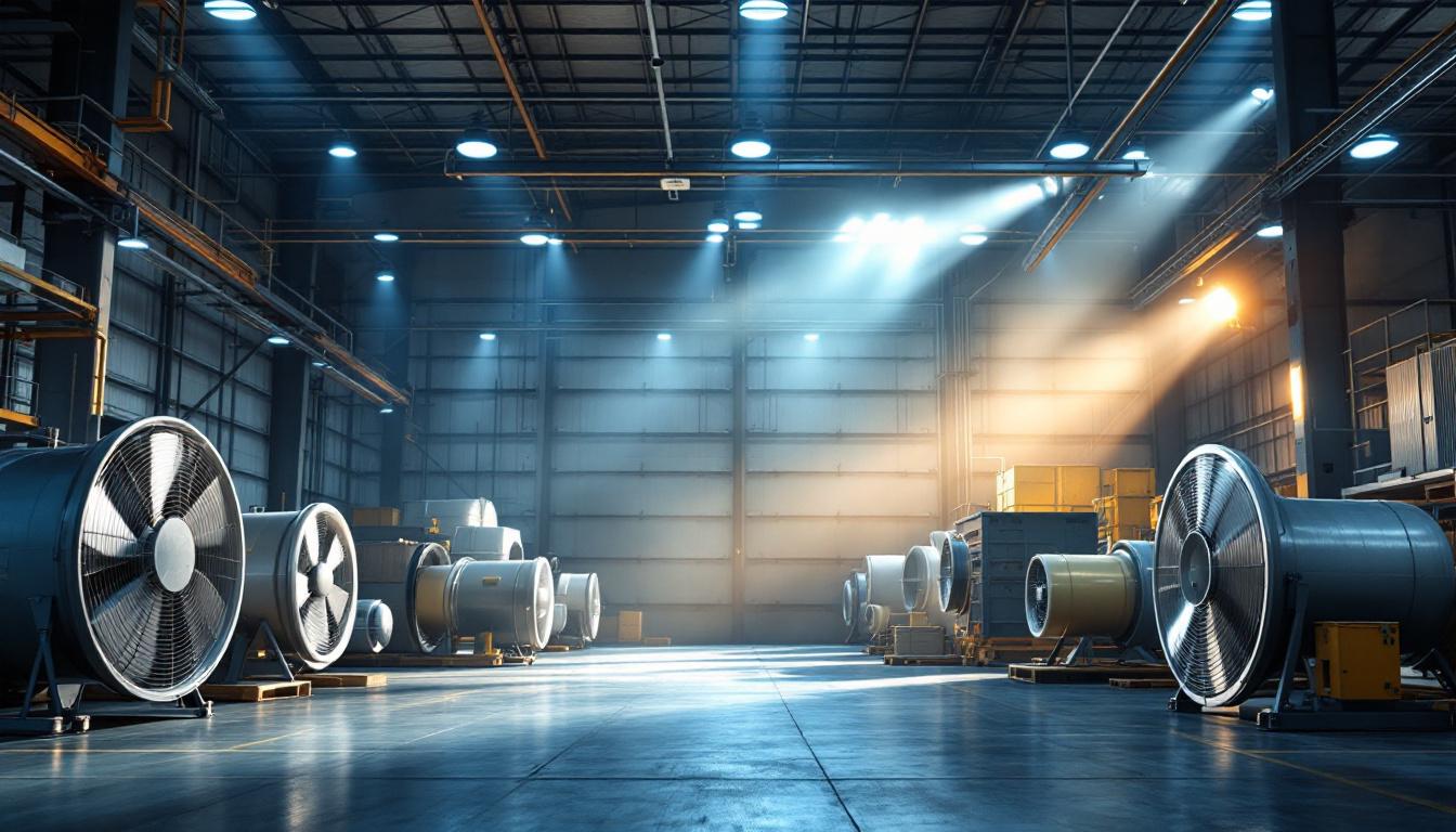 A photograph of a well-lit warehouse interior showcasing various types of industrial fans in action