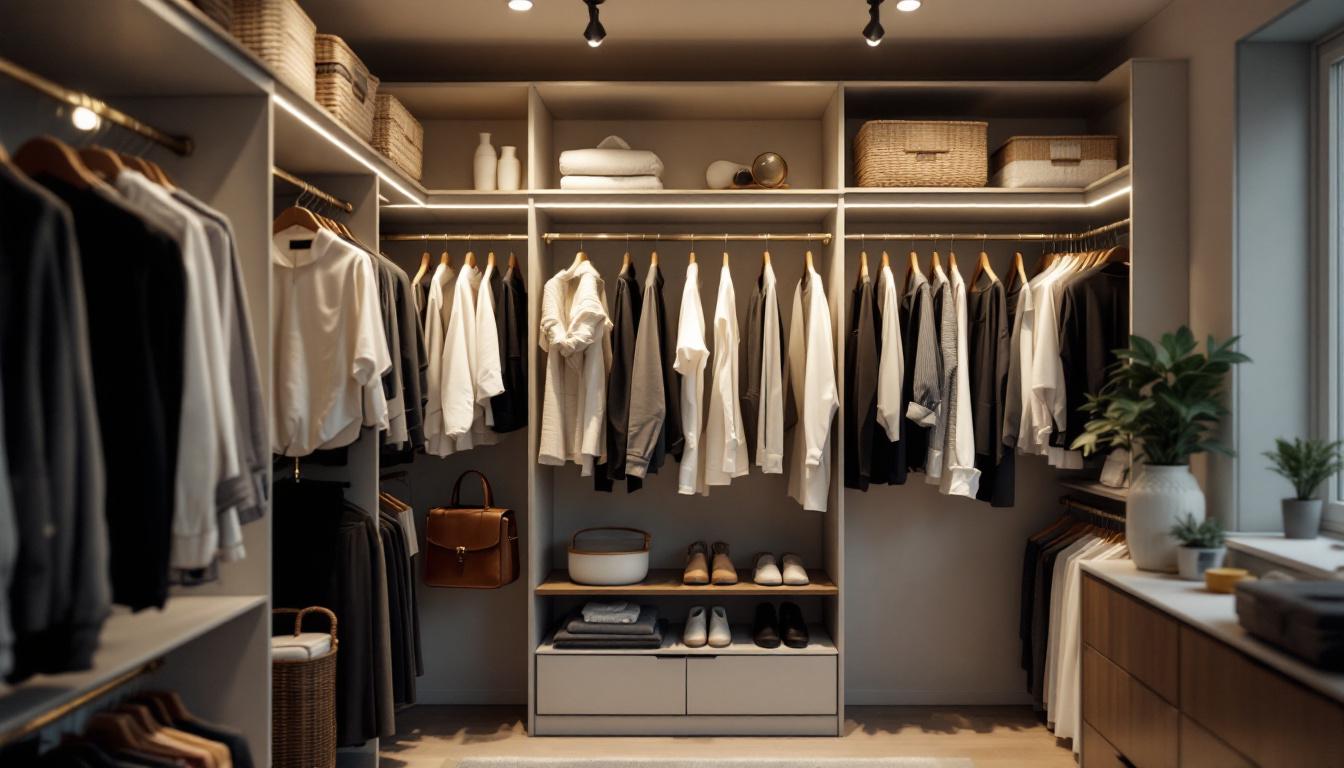 A photograph of a well-designed closet featuring stylish track lighting that highlights the organized space