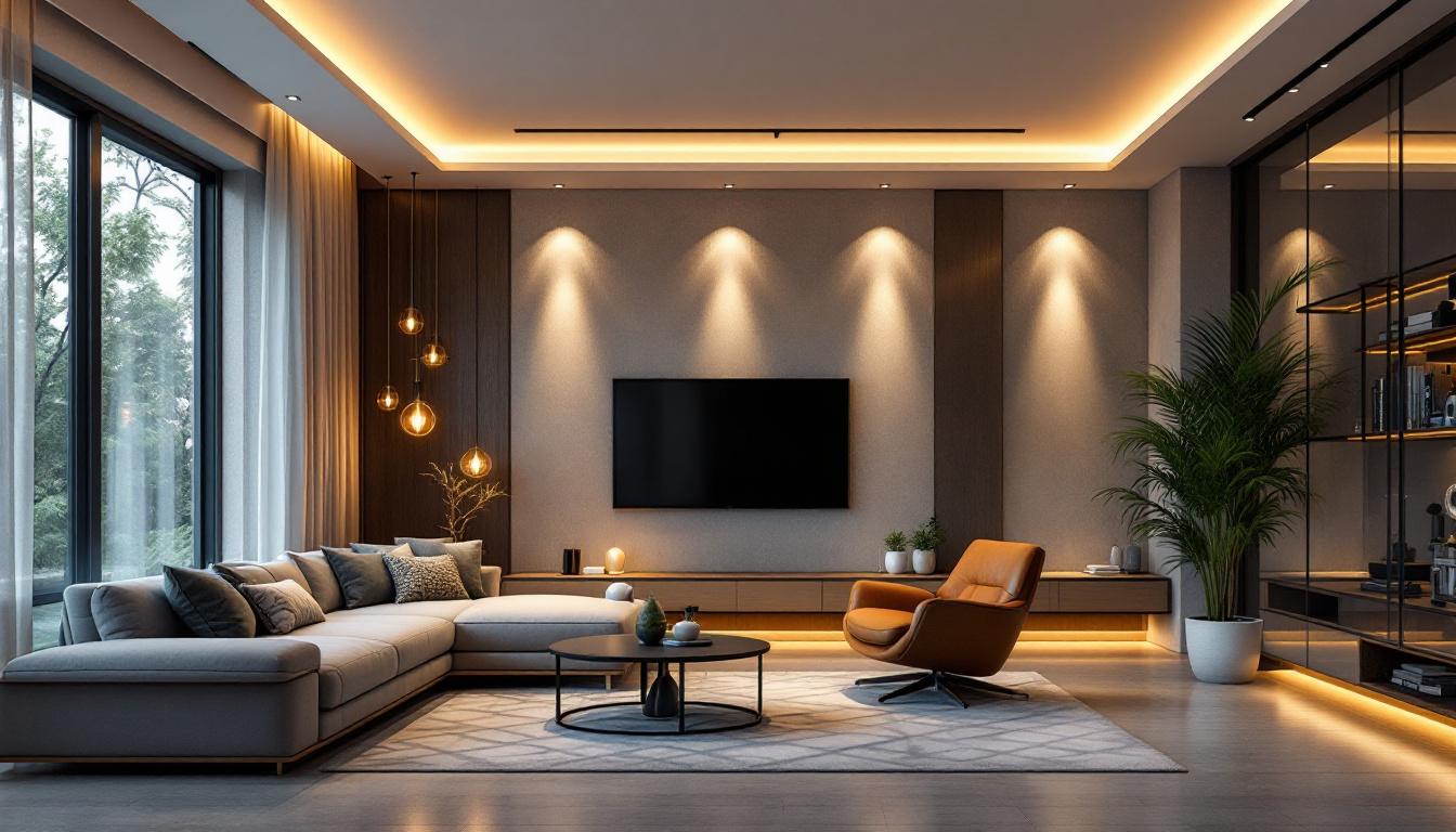 A photograph of a beautifully designed living space featuring modern recessed lighting