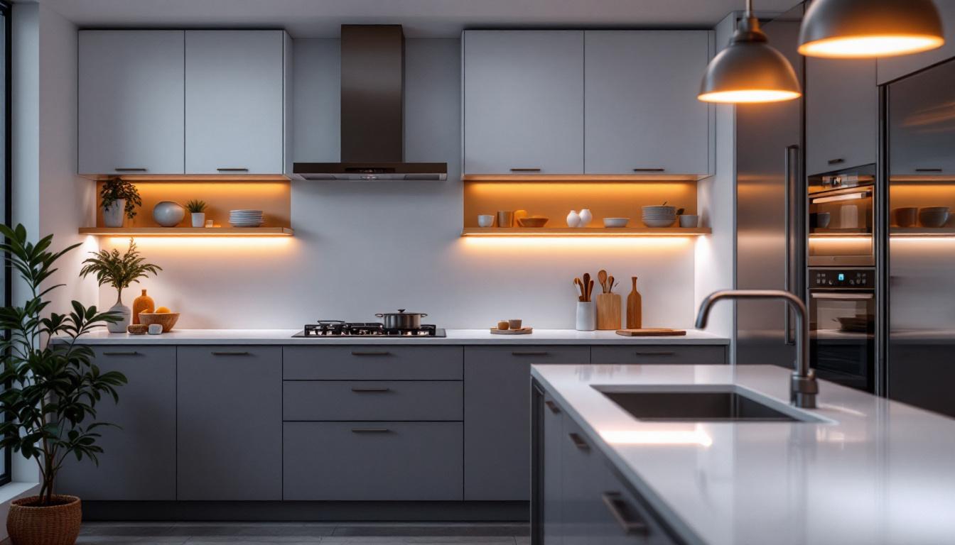 A photograph of a modern kitchen featuring stylish led strip lighting that highlights key design elements