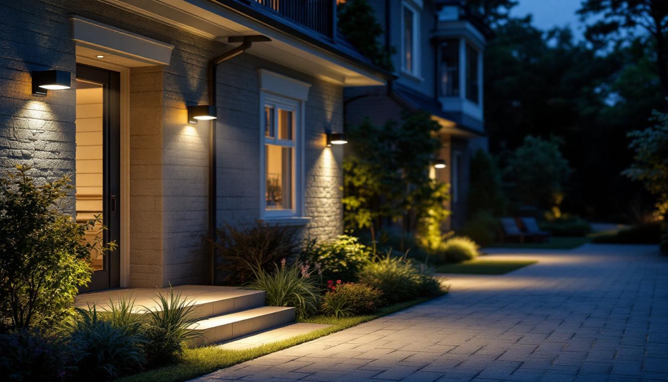 A photograph of a beautifully illuminated outdoor space featuring motion detector flood lights in action