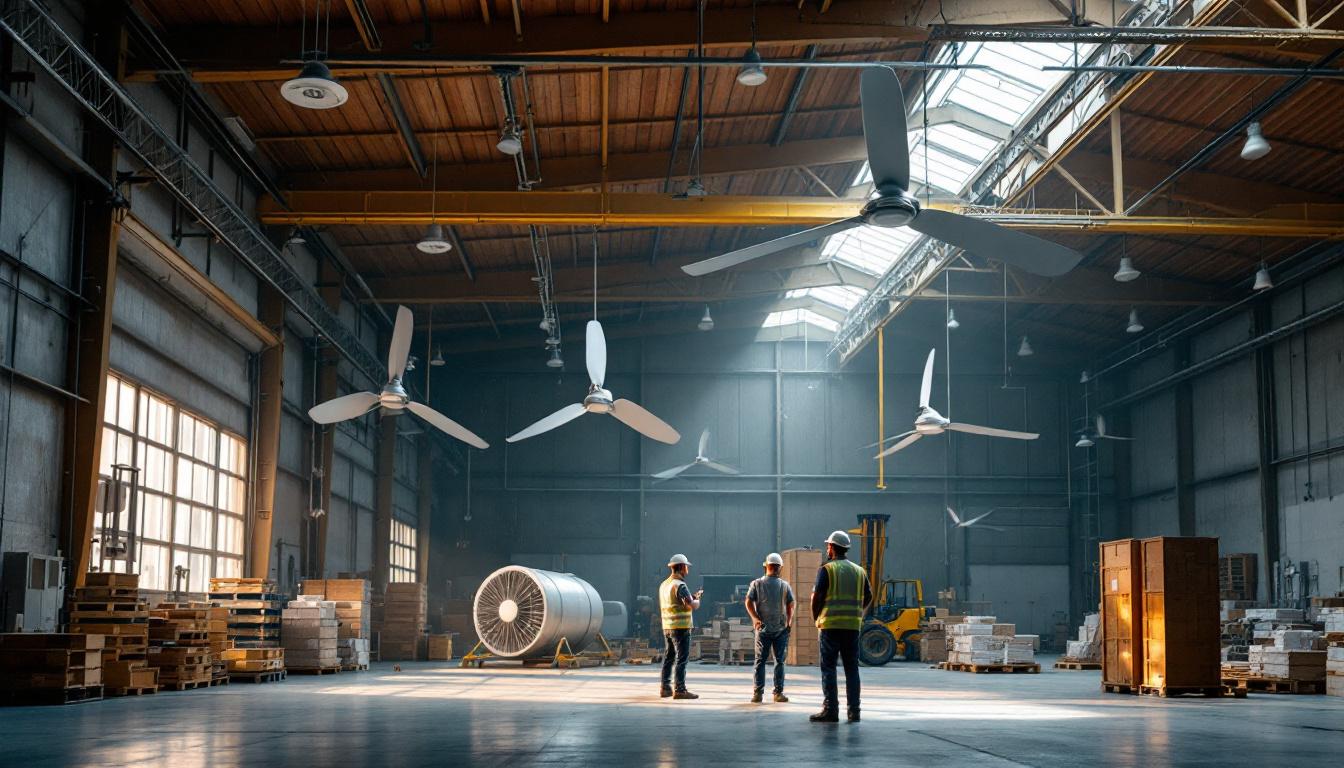 A photograph of a spacious warehouse interior showcasing large ceiling fans in operation