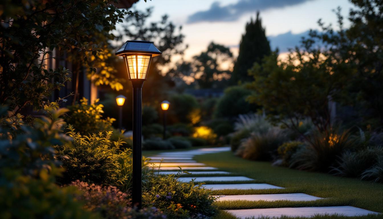 A photograph of a beautifully designed outdoor solar post light illuminating a garden pathway at dusk