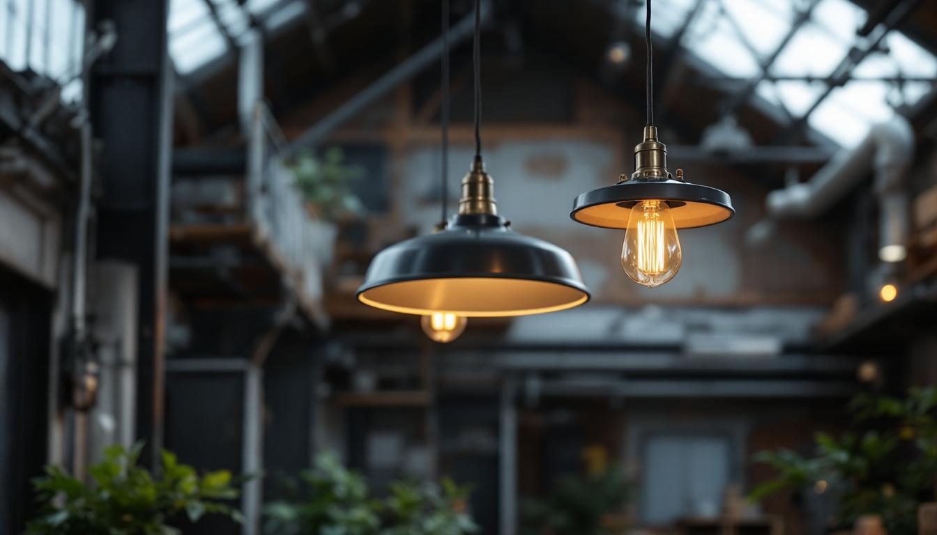A photograph of a stylish suspended pendant light in an industrial setting