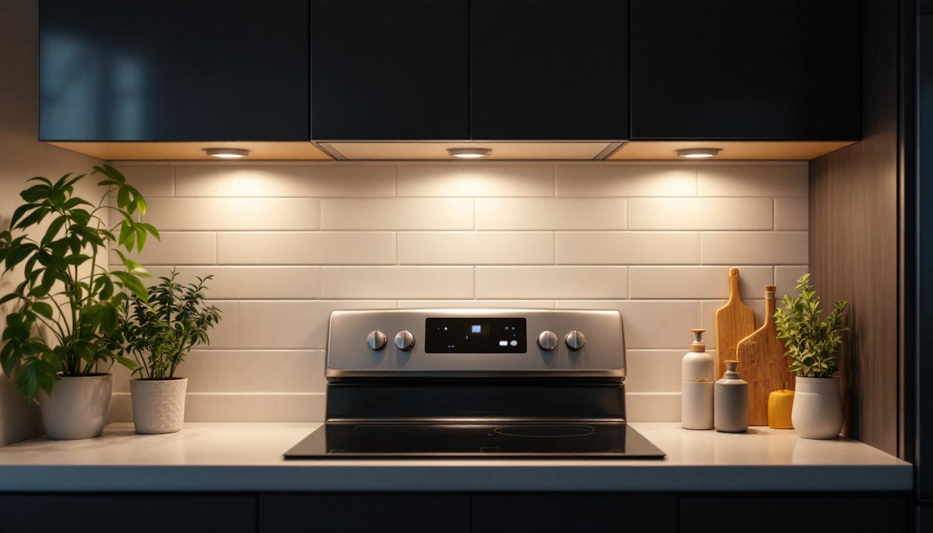 A photograph of a well-lit kitchen scene featuring under cabinet lighting that highlights the functionality and aesthetic appeal of the space