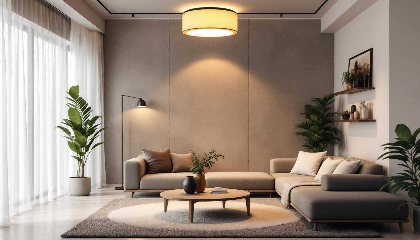 A photograph of a modern living space featuring stylish cylinder ceiling lights in various settings