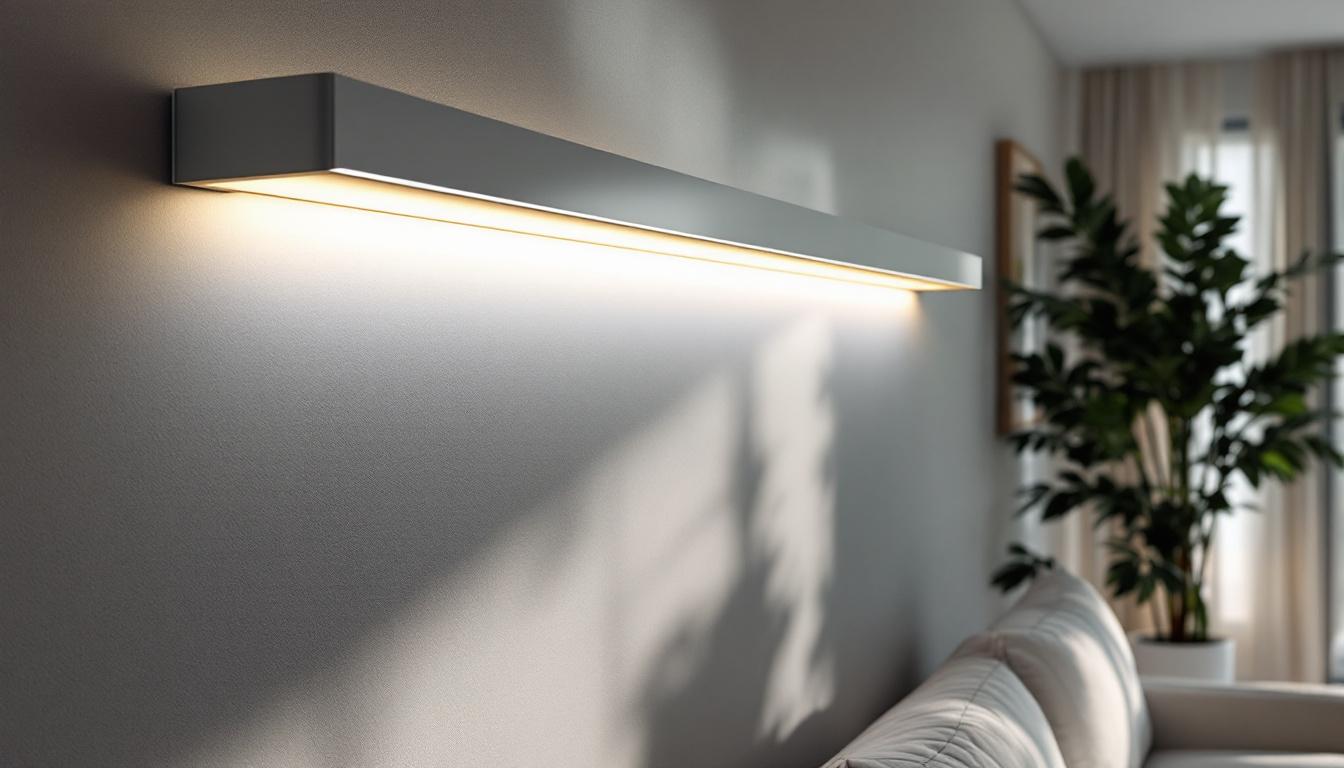 A photograph of a stylishly designed wall-mounted linear light fixture in a modern interior setting