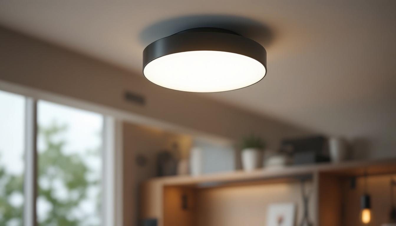 A photograph of a sleek flush mount ceiling lamp installed in a modern interior setting