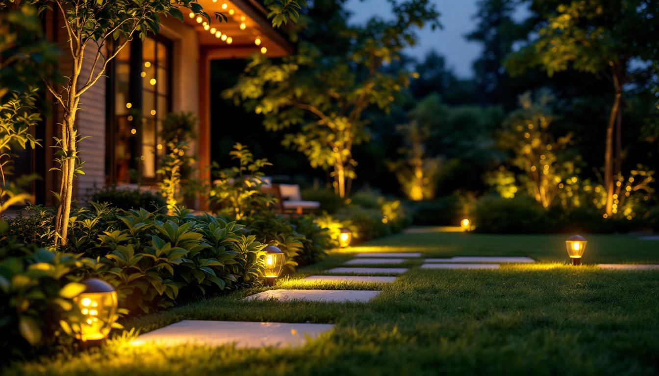 A photograph of a beautifully landscaped outdoor space illuminated by led spot light bulbs