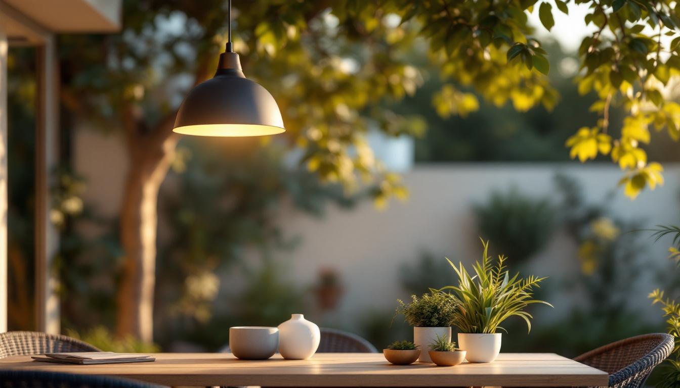 A photograph of a beautifully styled outdoor space featuring a hanging pendant light