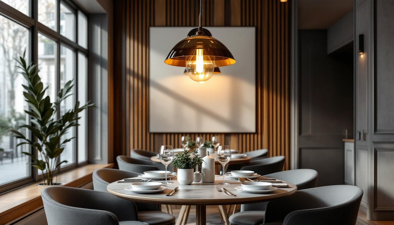 A photograph of a stylish dining area featuring an elegant pendant light that enhances the ambiance