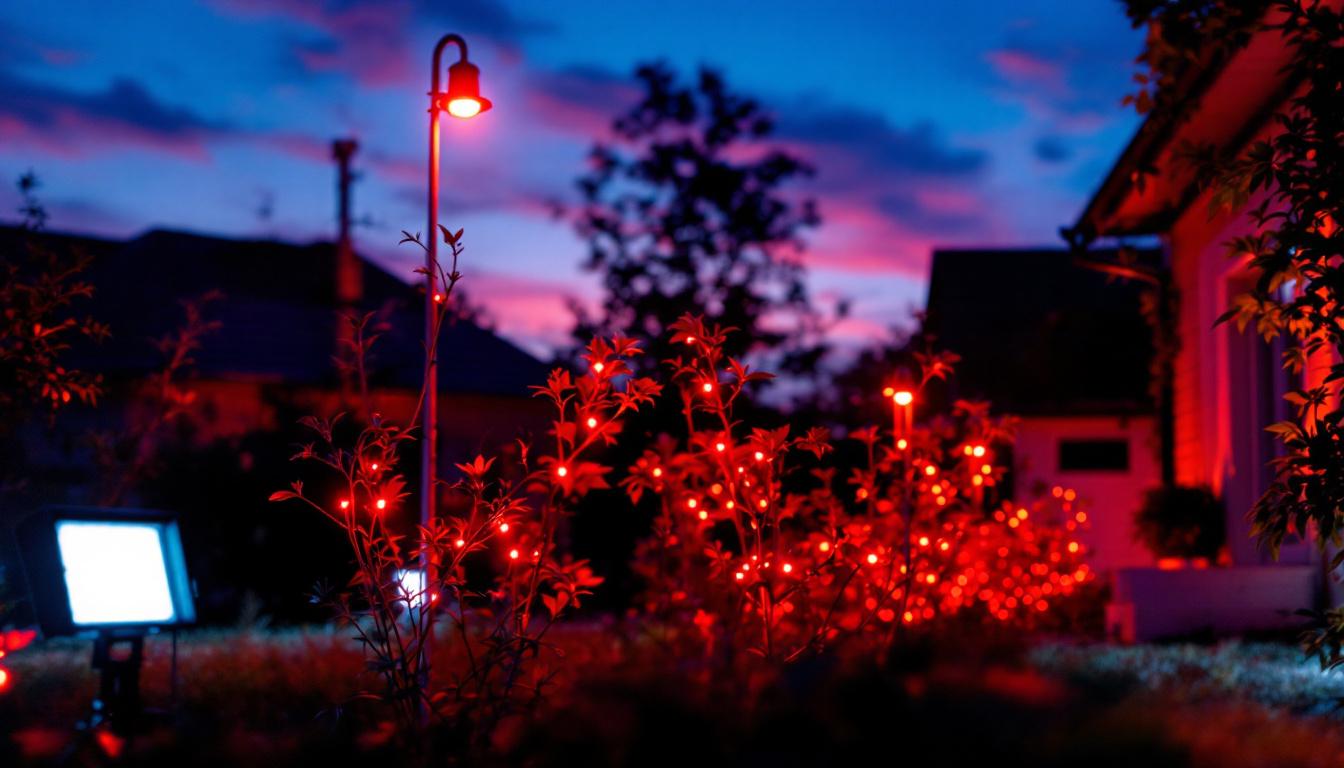A photograph of a vibrant outdoor scene illuminated by various red led flood lights