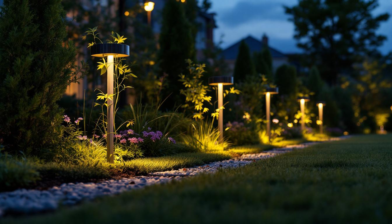 A photograph of capture a photograph of a beautifully landscaped outdoor area featuring in-ground solar lights illuminating the surroundings at dusk