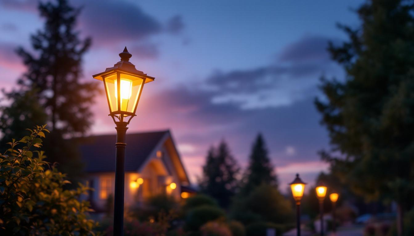 A photograph of a beautifully illuminated outdoor lamp post in a cozy residential setting