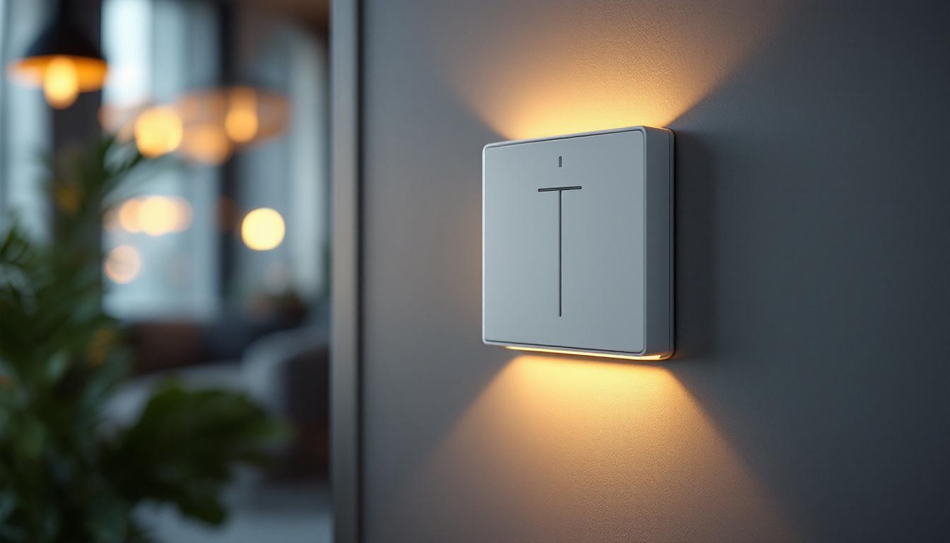 A photograph of a modern in-line electrical switch installed in a stylish interior setting