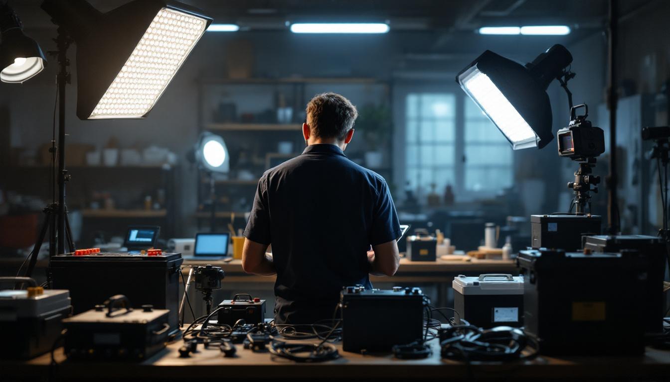 A photograph of a lighting engineer in a workshop setting