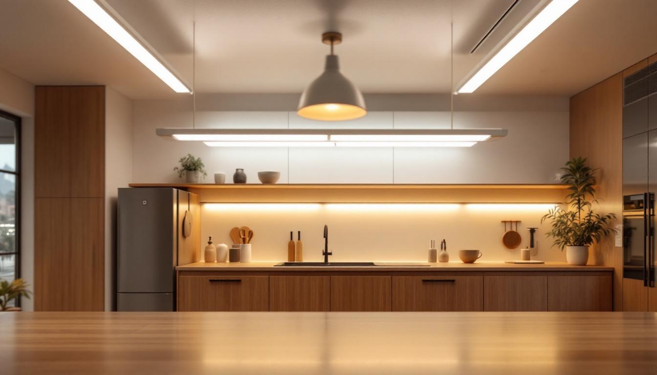 A photograph of a well-lit kitchen showcasing a modern fluorescent lighting installation