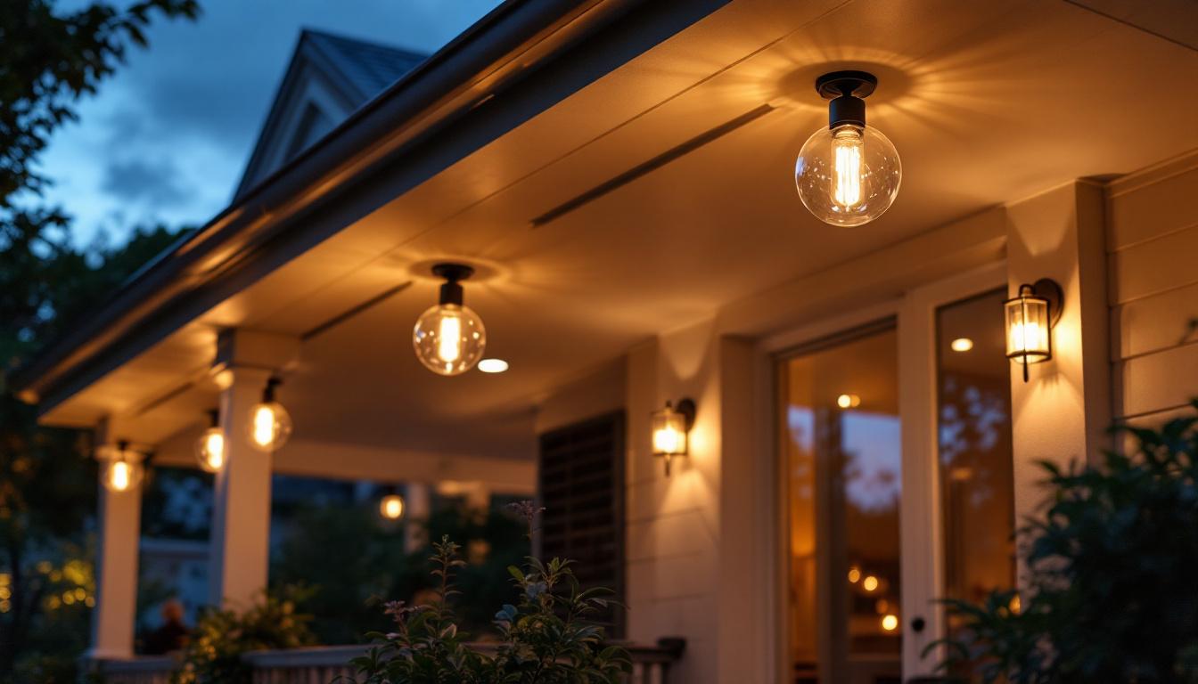 A photograph of a beautifully designed exterior porch featuring stylish ceiling-mounted lights