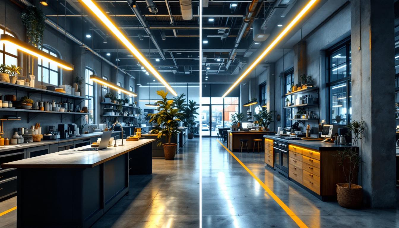 A photograph of a side-by-side comparison of an industrial workspace and a commercial retail environment