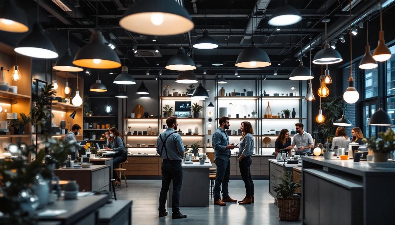 A photograph of a bustling commercial lighting showroom