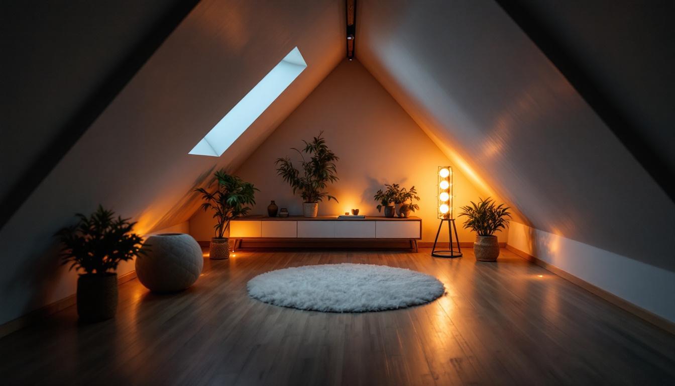 A photograph of a well-lit attic space featuring energy-efficient led lights
