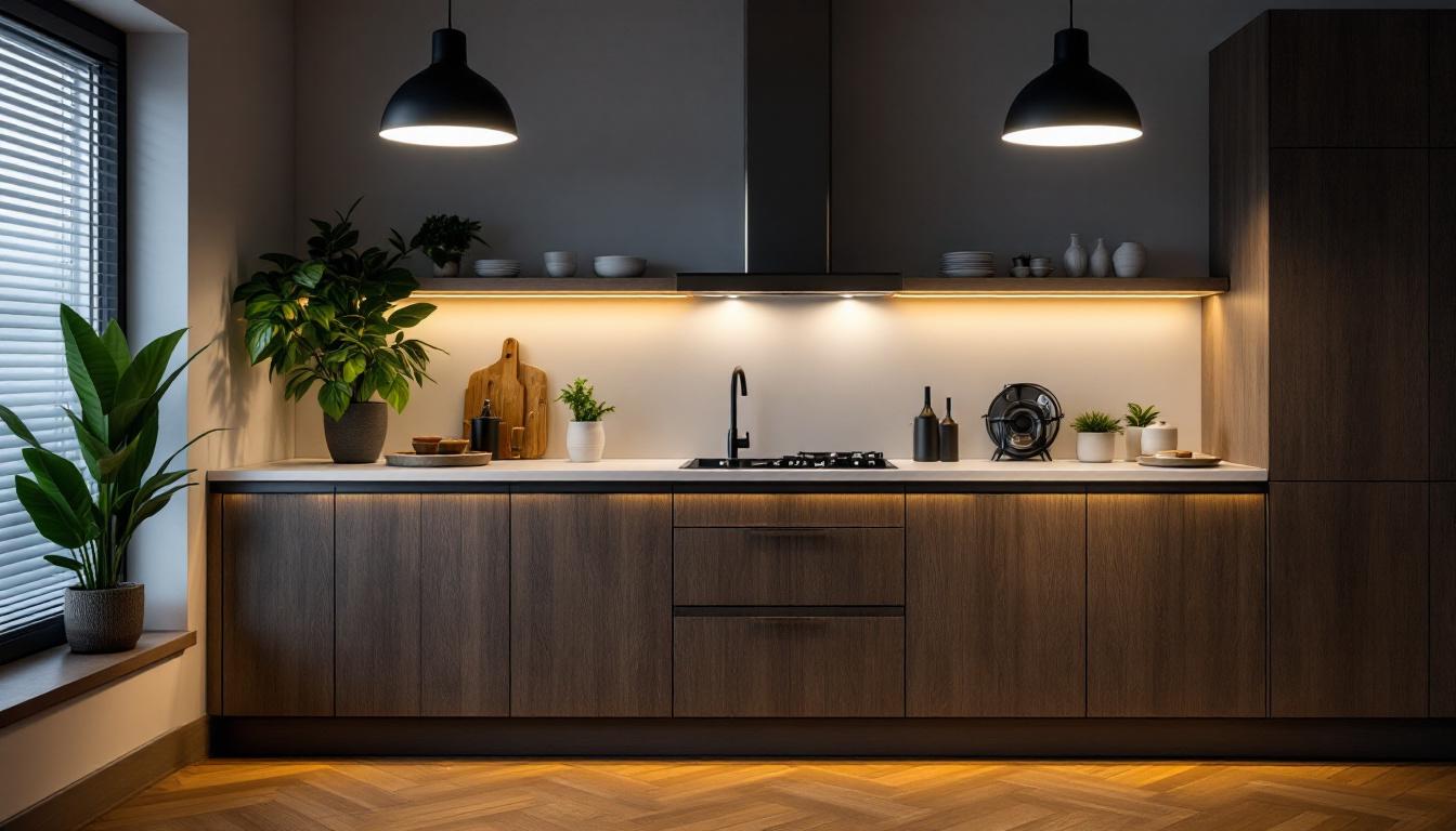 A photograph of capture a photograph of a stylish kitchen with led undercounter lights illuminating the workspace