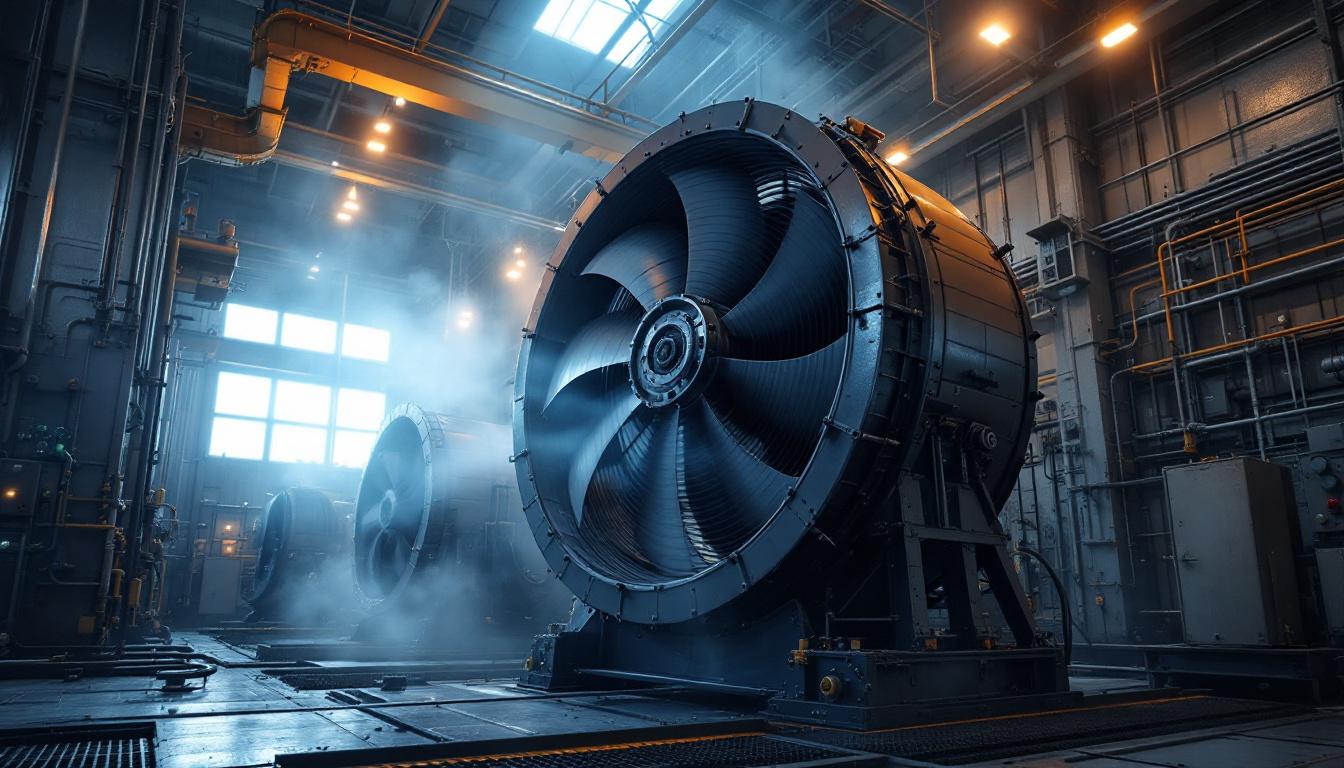 A photograph of a dynamic industrial setting featuring a powerful industrial fan in operation