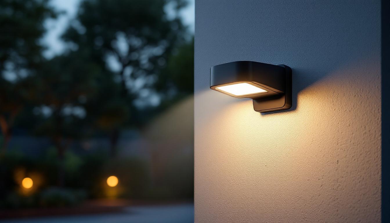 A photograph of a well-designed rab security light installed in a modern outdoor setting