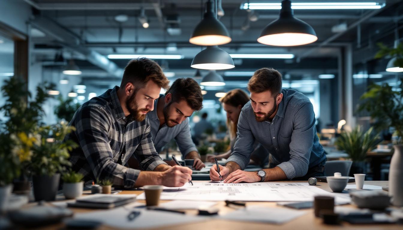 A photograph of a modern engineering workspace featuring engineers collaborating on lighting design