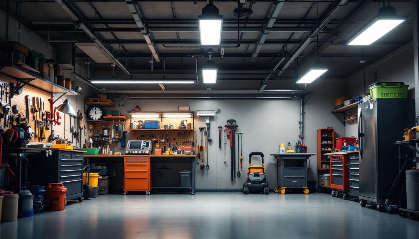 A photograph of a well-lit garage featuring flush mount led lights