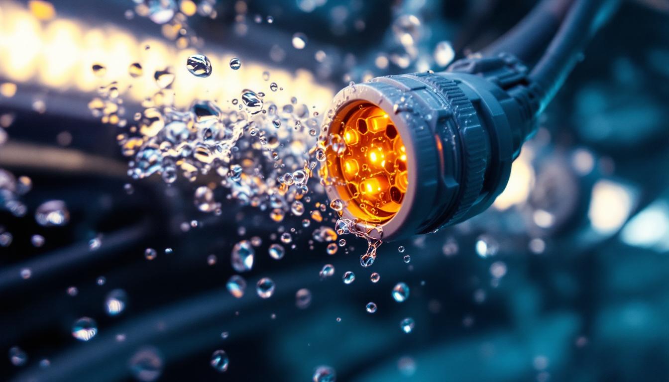 A photograph of a close-up shot of submersible electrical connectors integrated into a lighting system