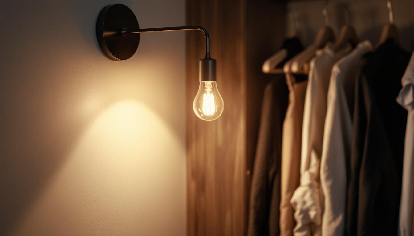 A photograph of a stylish pull chain closet light fixture in a well-organized closet