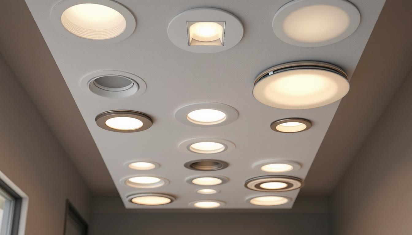 A photograph of a close-up view of various recessed can trims installed in a modern ceiling