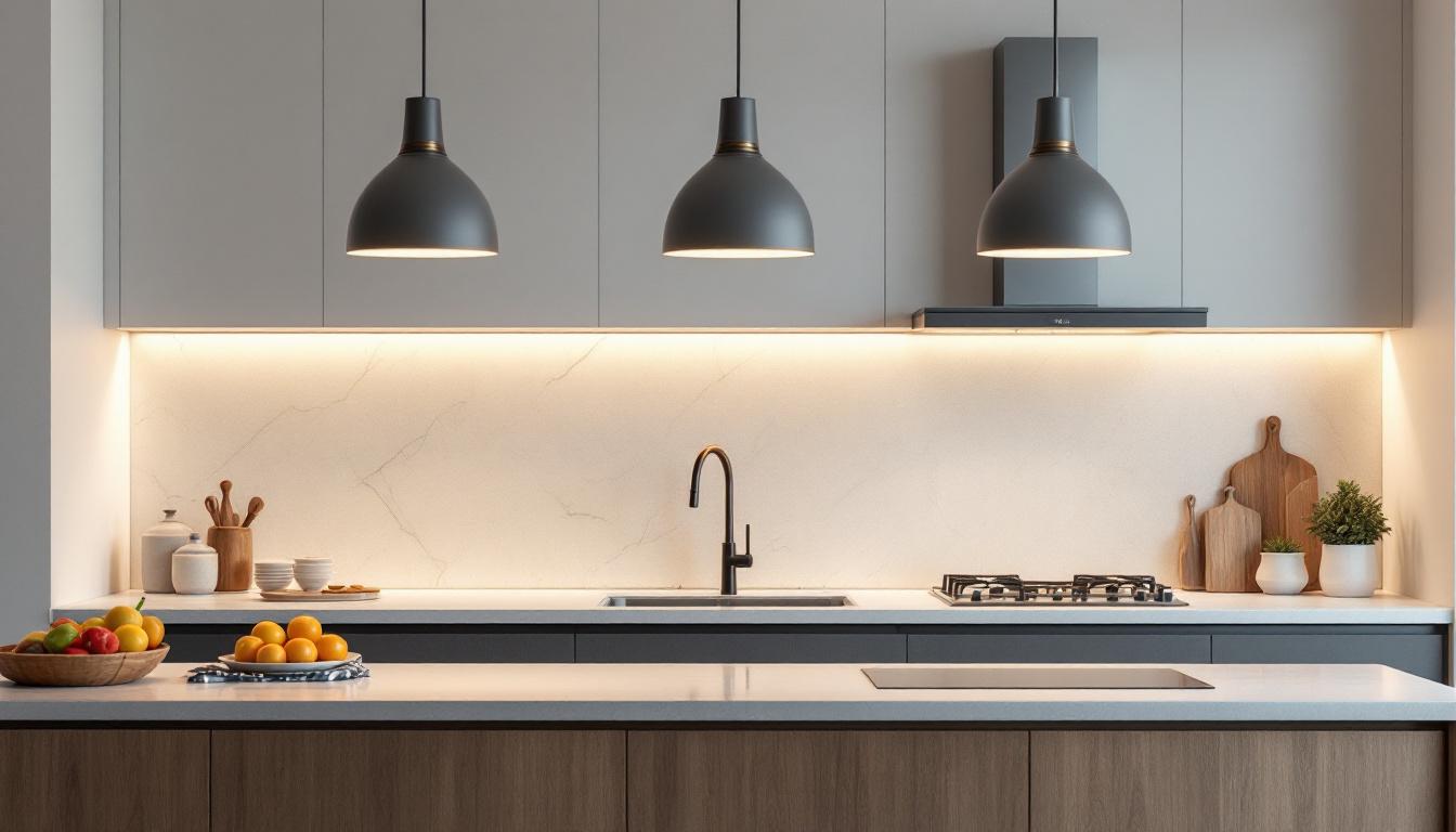 A photograph of a stylish contemporary kitchen featuring sleek light fixtures that highlight the space's design