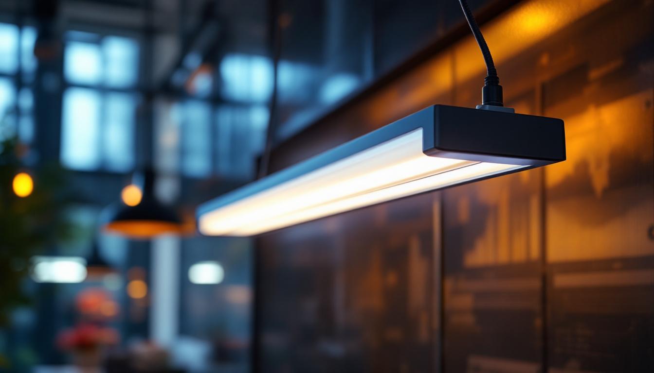 A photograph of a sleek t12 light fixture installed in a modern workspace