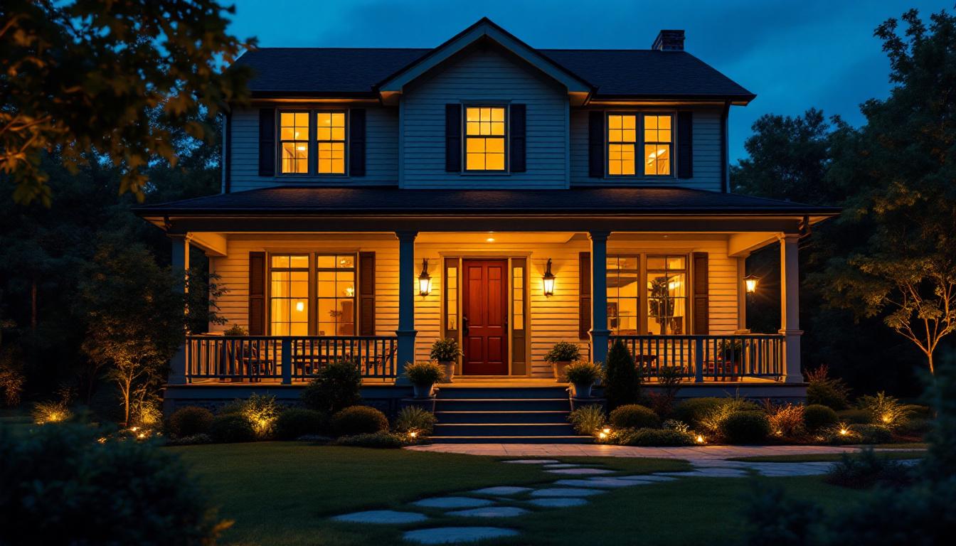 A photograph of a beautifully lit front porch showcasing recessed lighting
