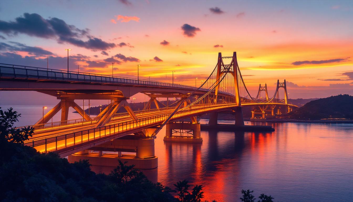 A photograph of a stunning light bridge at sunset