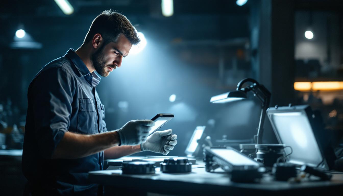 A photograph of a skilled engineer examining various industrial lighting solutions in a well-lit workshop