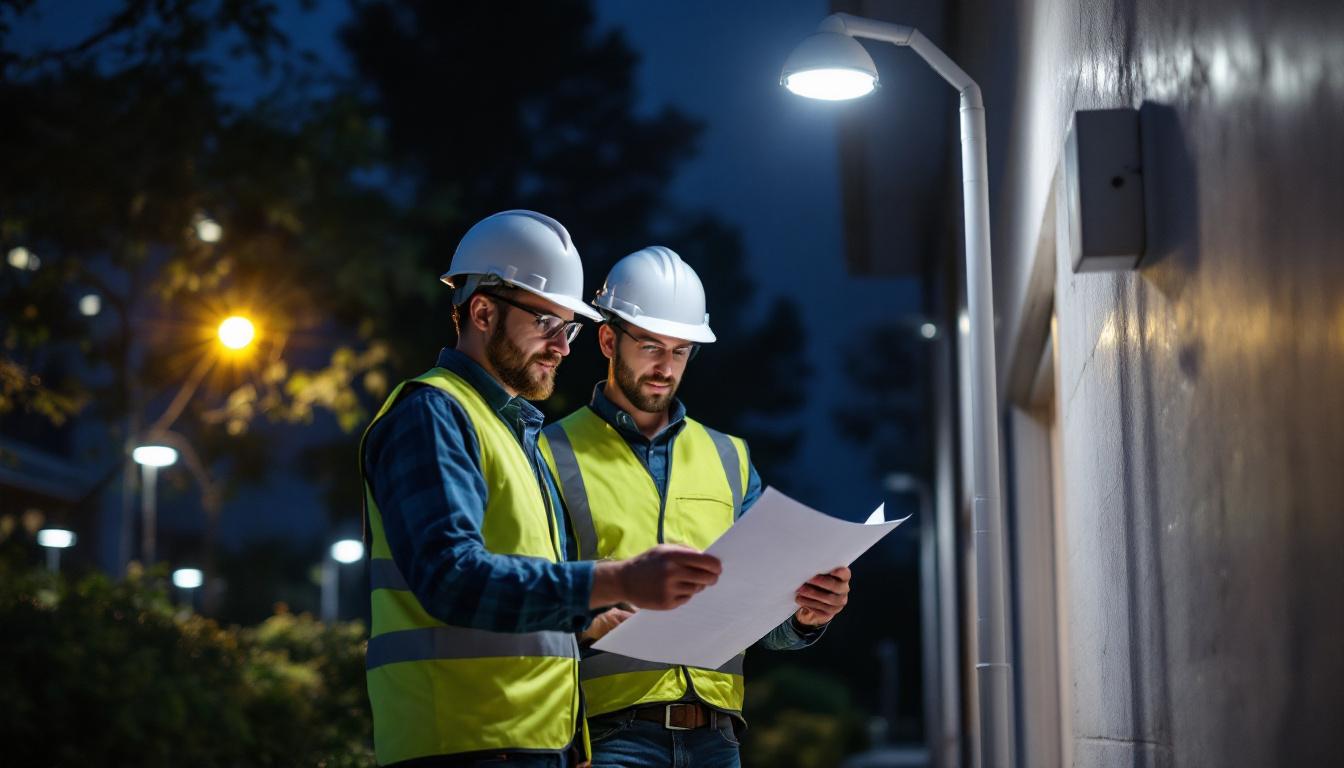 A photograph of a well-designed outdoor lighting installation that showcases compliance with safety standards