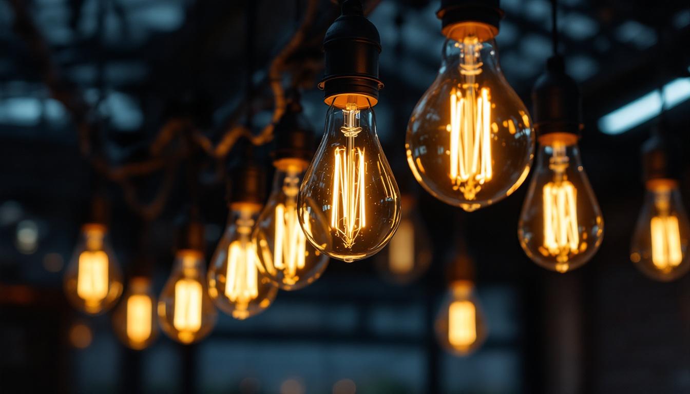 A photograph of a close-up shot of long cylinder light bulbs in various settings
