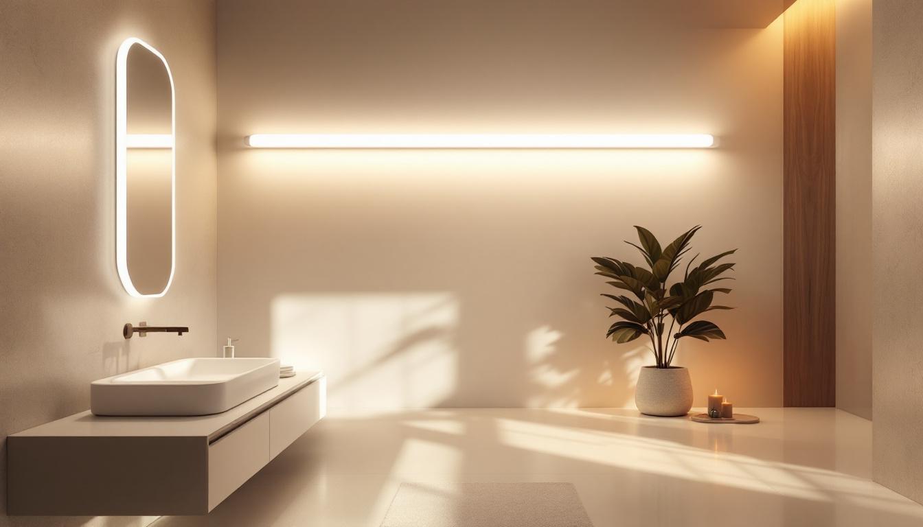 A photograph of a modern bathroom featuring a sleek tube light installation