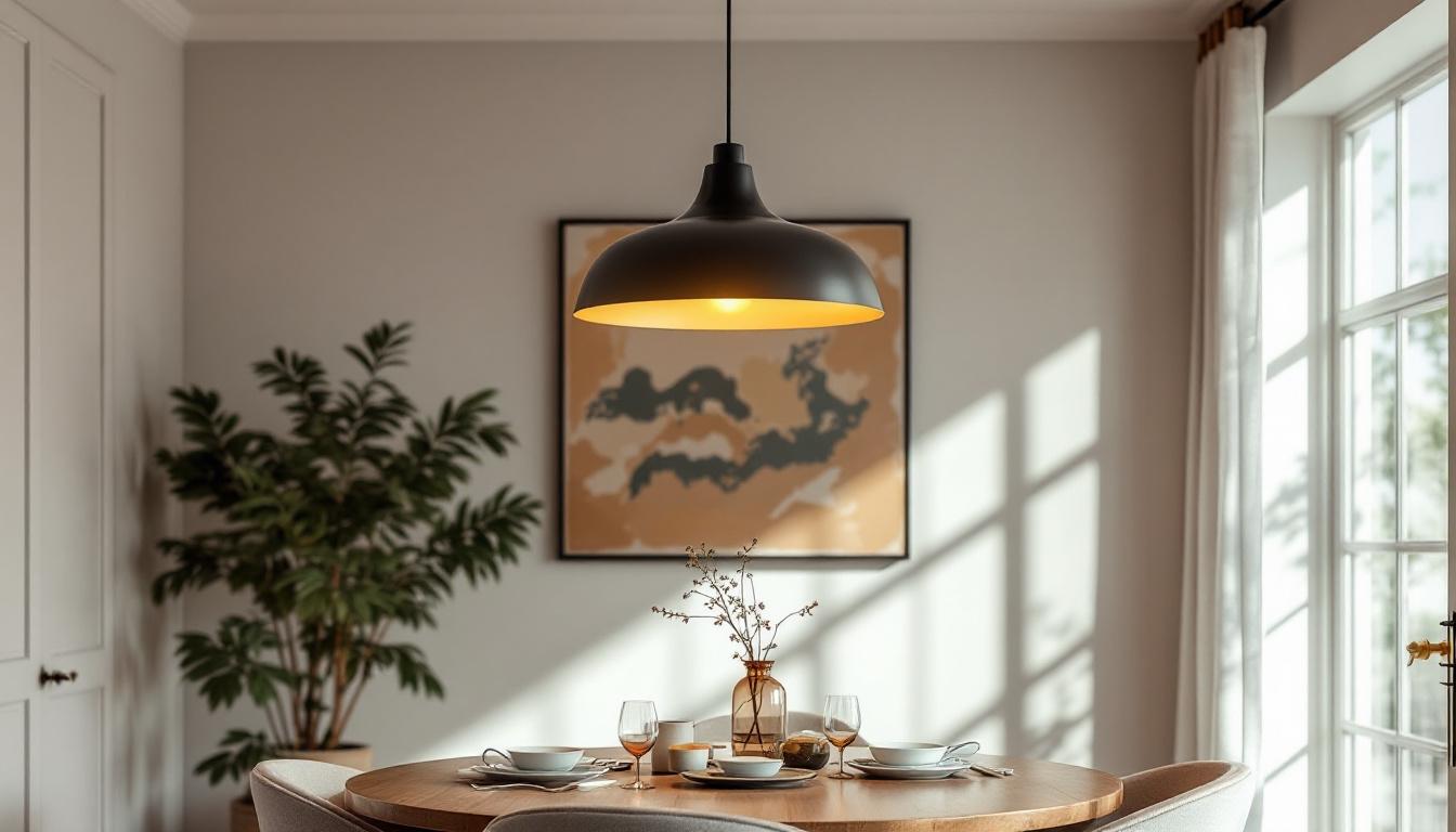 A photograph of a beautifully styled dining room featuring a semi-flush light fixture that highlights the ambiance and design elements of the space