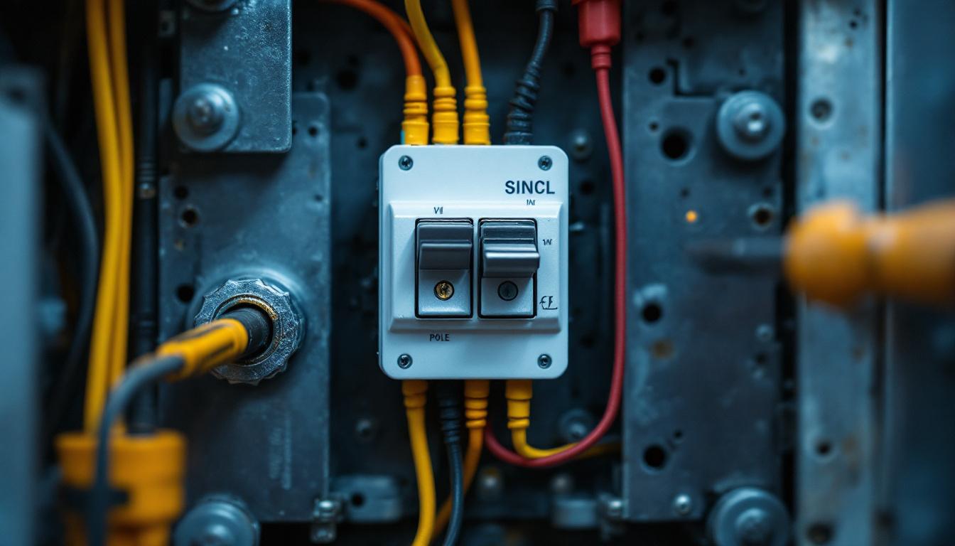 A photograph of a close-up of a single pole switch installed in a modern electrical panel