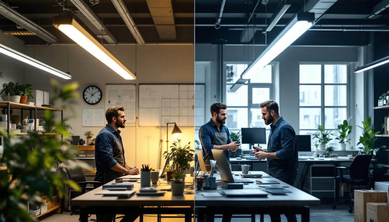 A photograph of a well-lit engineering workspace featuring a side-by-side comparison of a t12 fluorescent light fixture and an led replacement