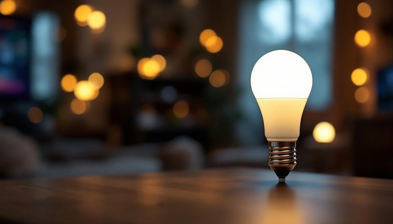 A photograph of a well-lit a19 lamp in a cozy indoor setting