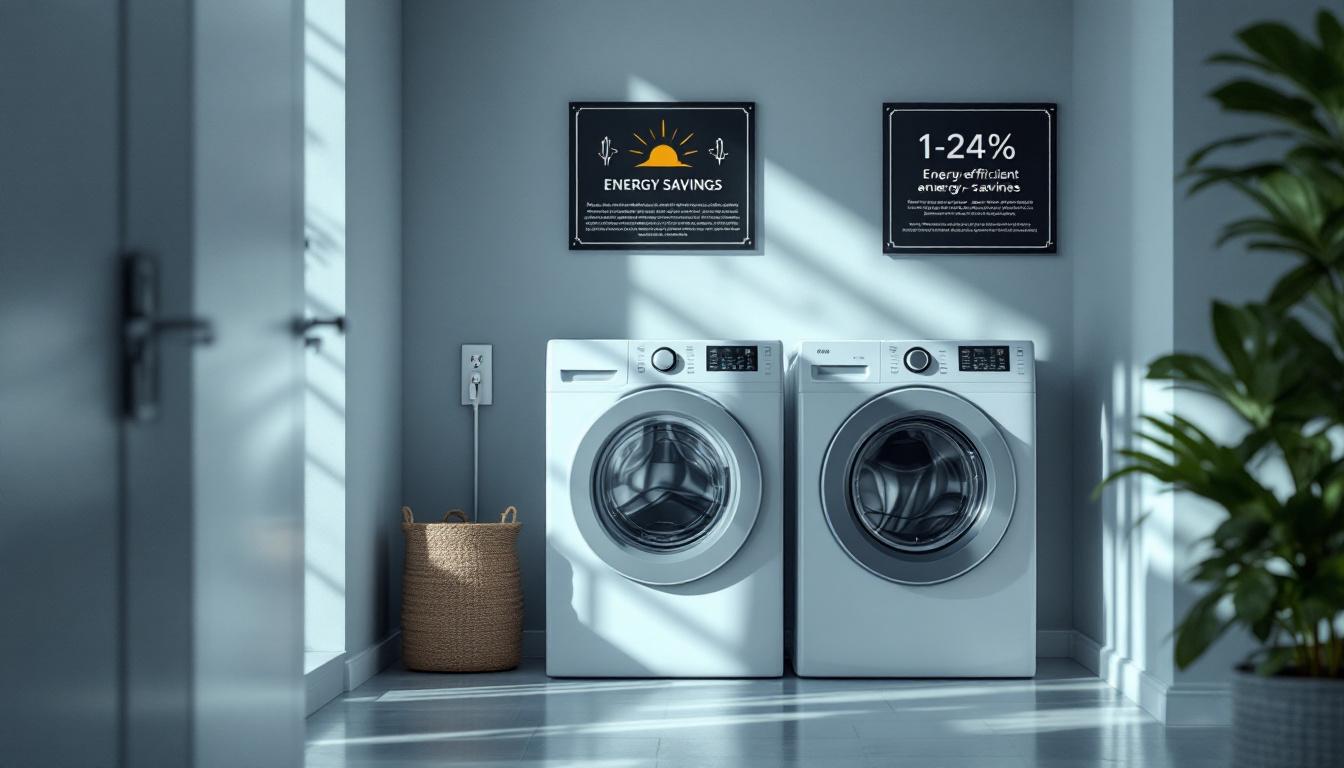 A photograph of a modern laundry room featuring a well-maintained dryer plugged into a dedicated voltage outlet