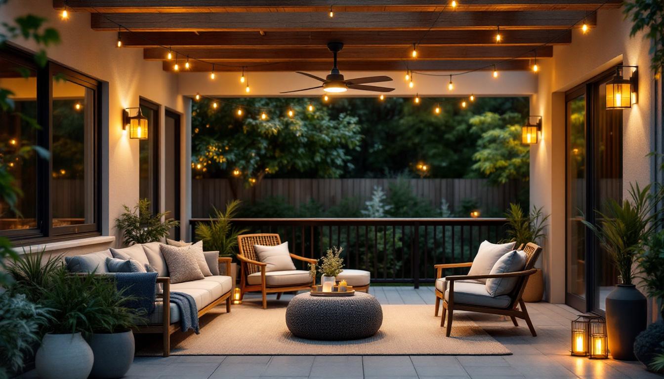A photograph of a stylish outdoor deck featuring a modern ceiling fan in action