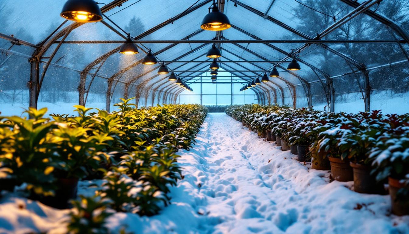 A photograph of a well-lit greenhouse in winter